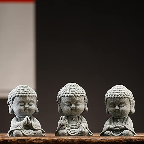 Kingzhuo Juego de 3 piezas de estatuas de Buda de bebé, colección de monje, piedra arenisca, decoración zen, estatuas de jardín, figuras pacíficas Rulai, decoración para el hogar, adornos delicados