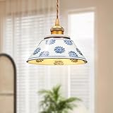 Vintage Blue and White Ceramic Pendant Light, 7in Hand-Painted Floral Porcelain Hanging Light...