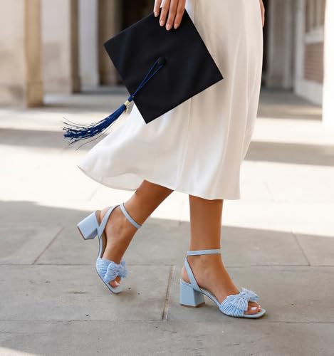 Ankis White Gold Blue Bow Women Heel Chunky Wedding Shoes for Bride 2.25 Inch Heel Open Square Toe Ankle Buckle Strap Dressy Pleated Comfortable Fashion Shoe Party Graduation Event 2026 by Ankis - Used condition - Image 4