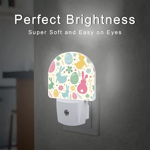 Image of Easter Bunnies and Eggs Night Light, Colorful Rabbits and Flowers Dusk to Dawn Night Light Plug in,0.5w Energy Saving Sleep Friendly NightLight for Kids Boys Girls Home Decor