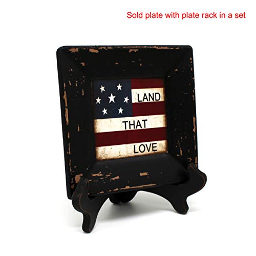 Cvhomedeco. Primitives Country American Flag Decorative Plate With Rack Square Display Wooden Plate Home And Office Décor Art, 6 X 6 Inch (Land That Love) #TOP1