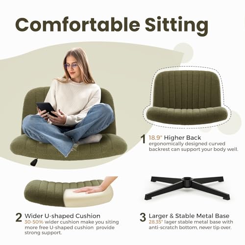 Image of IWMH Criss Cross Chair, Cross Legged Office Chairs no Wheels, Armless Wide Seat Desk Chair with Adjustable Height for Home, Vanity, Bedroom (Green)
