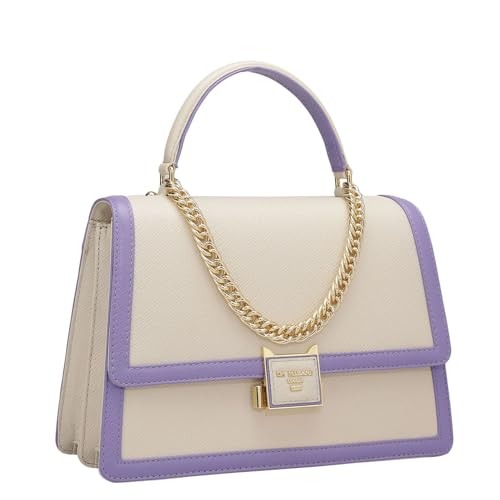 Image of Da Milano Genuine Leather Satchel for Women - Beige Structured Handbag with Push Lock & Shoulder Strap