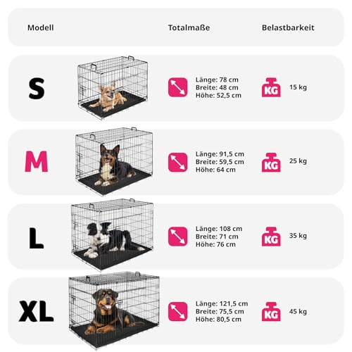 tectake® Hundekäfig, Hundegitter Box, Dog Kennel, Hundebox faltbar, Transportbox stabil, für Hunde und Welpen, für Kofferraum, Auto, Camping und Zuhause, Wohnung - 91,5 x 59,5 x 64 cm