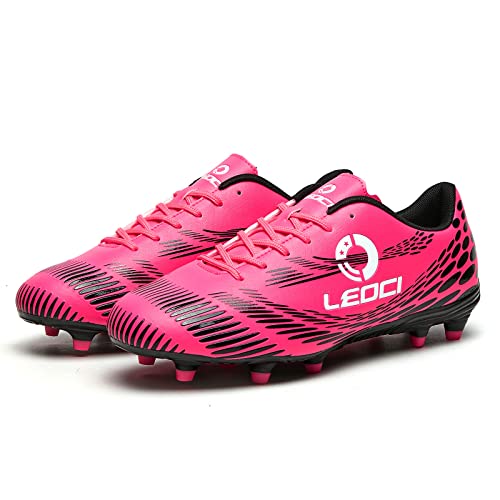 Leoci Men's Women's Firm Ground Soccer Cleats Outdoor/Indoor Boys Girls Professional Futsal Football Training Sneakers (8 M Us Women/6.5 M Us Men, Rose Red) #TOP5