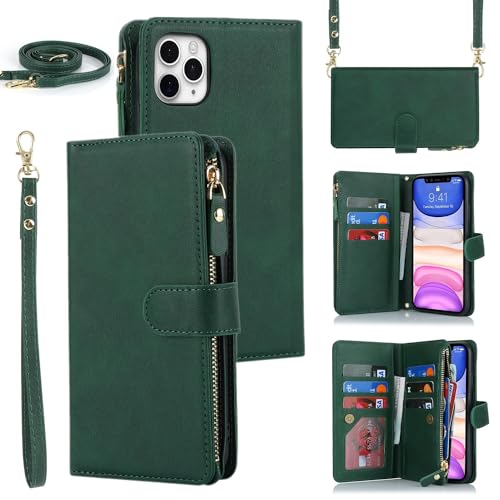 iCoverCase for iPhone 11 Pro Max Wallet Case with Card Holder, Crossbody Case with Wrist Strap, PU Leather Kickstand Zipper Card Slots [Not Detachable] Flip Cover Case 6.5 Inch (Green)