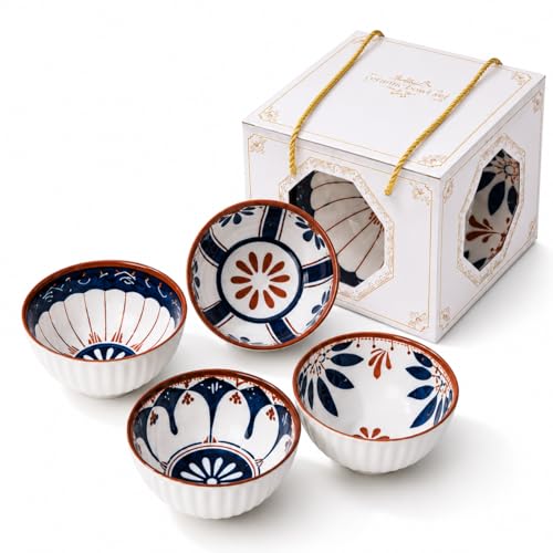 Image of Japanese Ceramic Bowl Set of 4 | 300ML Ribbed Soup & Rice Bowls with Hand-Painted Blue Patterns | Porcelain Bowls for Ramen, Snacks, Desserts & Everyday Dining (Olive & Ocean)