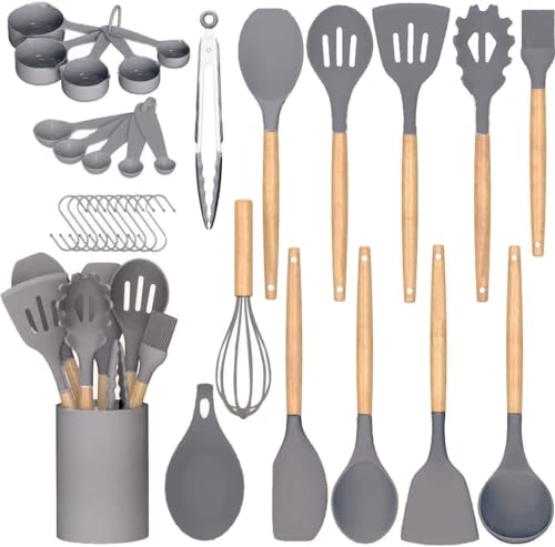 AHASON'S Exta Thick Layer of Silicone Cooking Utensils Set 230°C-446°F Heat Resistant,BPA Free,Turner Tongs,Spoon,Spatula,Brush,Whisk, with Holder Kitchen Gadgets Tools for Nonstick Cookware,(Grey)