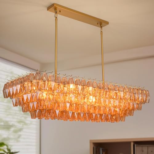 MDEGLYO Modern Gold Rectangular Chandeliers for Dining Room, 14-Light 4 Tiered Crystal Brass Chandelier Over Dining Table, Amber Glass Chandeliers for Kitchen Island, Long Chandelier for Living Room