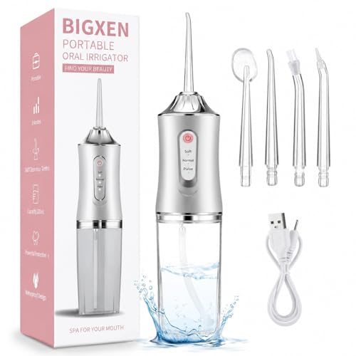 Image of BIGXEN Portable Dental Water Jet Oral Teeth Irrigator Waterproof Tooth Cleaner Oral Flosser 3 Modes And 4 Nozzels 220 ML (Water Dental Flosser - B, 230ml)