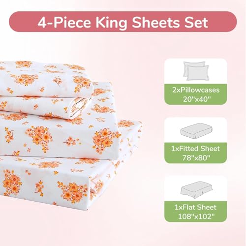 Image of MUXHOMO King Size 4 Piece Sheet Set, Soft Breathable Bed Sheet Set for Bedroom with Deep Pocket Up to 16 inch, Wrinkle-Free & Cooling Bedding for Oeko-TEX Certified - Blossoms Orange