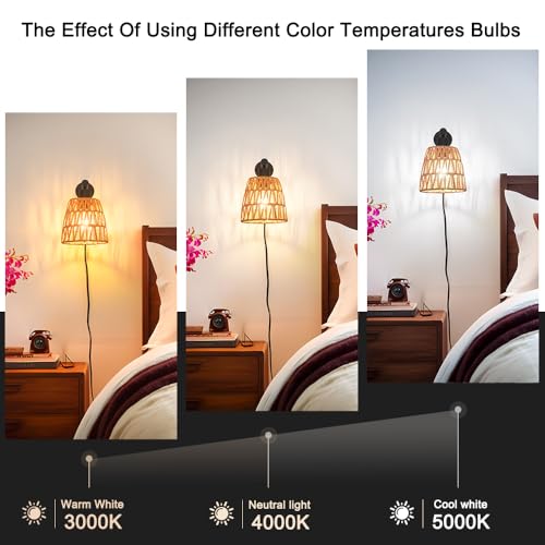 Image of Boho Plug in Wall Sconce Set of 2 - Black Farmhouse Wall Lights with Rattan Shade | Bedroom & Living Room Plug in Wall Lamps for Sofa (5.9FT On /Off Switch Cord)