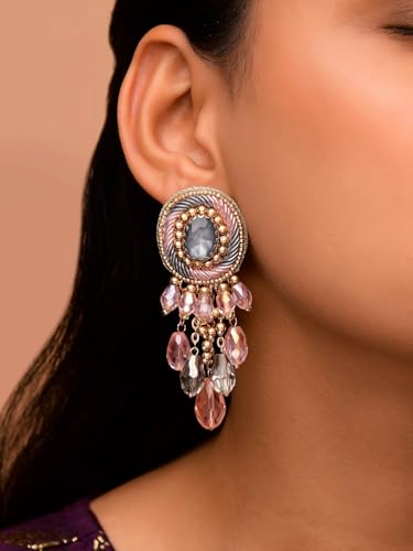 Image of SANJOYA by EVERSTYLISH Embroidered Earrings for Women | Pastel Stone & Beaded Dangler Earrings | Ethnic Jewelry for Weddings, Festivals & Special Occasions
