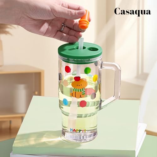 Image of Cute Dog Print Glass Tumbler with Handle, Lid & Straw - 620ml, Set of 1, Glass Sipper Cup for Kids & Adults, Drinking Mug for Water, Juice, Milk, Iced Coffee, Tea, Travel Cup (Random Color)