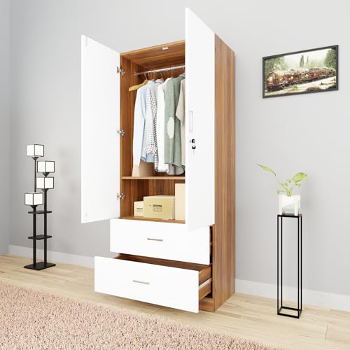 Image of VIKI Wardrobe | Wooden Almirah for Clothes,Door for Bedroom, 2 Door Wardrobe with Drawer & Hanging Space (Brussel Walnut, White - 40D x 80W x 180H) | 1 Year Warranty | Free Assembly
