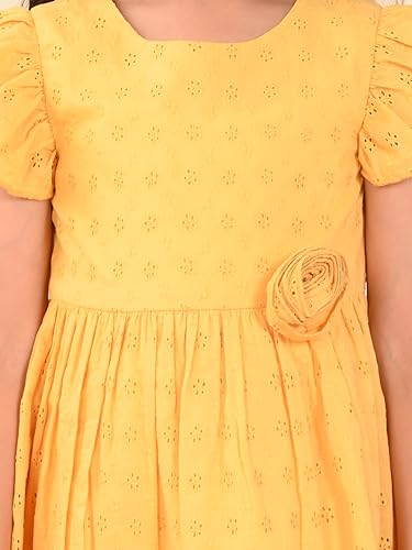 Image of LILPICKS Schiffli Embroidered Knee Length Fit n Flare DressFor Girls (Yellow)