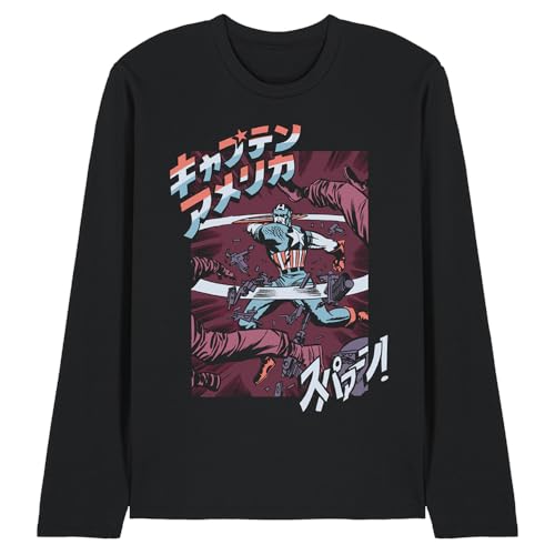 T-shirt Captain America manches longues noir imprimé graphique japonais mixte