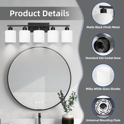 Image of SILAMPDI Black Bathroom Light Fixtures Over Mirror, 5-Light Vanity Lights for Bathroom, Modern Wall Sconces Lighting for Bedroom Living Room, Milky White Glass Shades, E26 Base, Bulbs Not Included