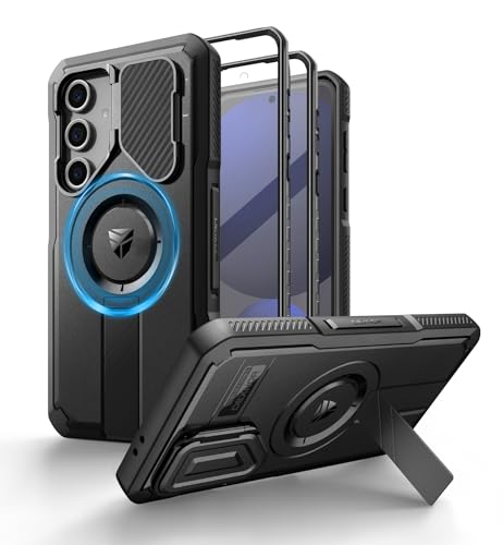 Image of Dexnor for Samsung Galaxy S24 FE Case with Camera Cover & Adjustable Kickstand & Built-in Screen Protector, Magnetic Rugged Shockproof Bumper Cases Heavy-Duty Magnetic Protective Cover,Black