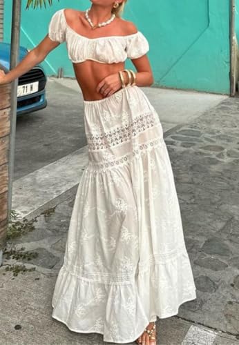 UAURORAO Women Flowy Maxi Skirt 2 Piece Boho Outfits Off Shoulder Crop Top Tiered Ruffle Long Skirt Matching Beach Set4