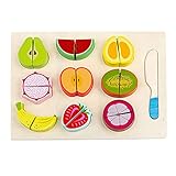 🍉【10 piezas】este juguete de corte de frutas tiene 9 tipos de frutas, incluyendo fresa, plátano, naranja, durian, sandía, pera, fruta del dragón, manzana y kiwi. El kit de juguete también viene con una tabla de cortar y un cuchillo de madera falso.