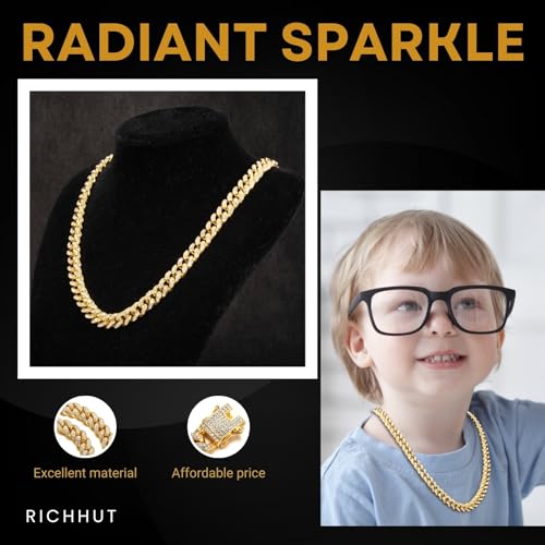 Cuban Link Chain for Kids Teen - Luxury 18K Real Gold/Platinum White Gold/Rhodium Black/Rose Gold Plated - Iced Out Bling 14MM Width Necklace Bracelet - Fits Ages 8–16 - Giftbox Included4