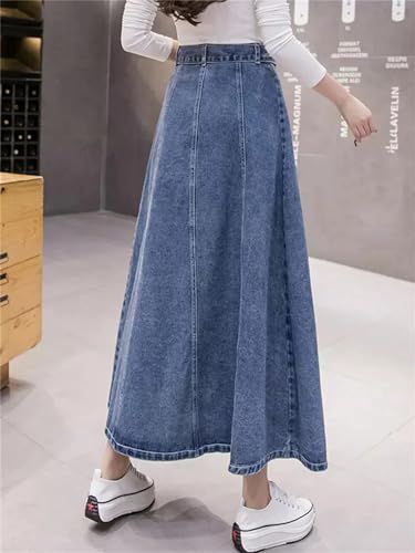 Women Spring Summer Long Denim Skirt Patchwork Single Breasted High Waist Skirt Loose Jeans Skirt2