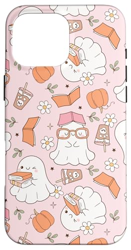 パステル調のハロウィン柄、かわいい幽霊のカボチャと本 スマホケース iPhone 16 Pro Max 用