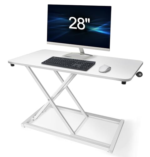Aconcept Wider 28 x 14 White Lift Standing Desk Converter, Manual Adjustable Height Sit Stand up Desk Riser, Compact for Monitor or Laptop Workstation