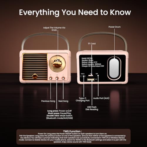 Image of Walta Elite Retro Portable Bluetooth Speaker, Pink, Vintage Style, 10W, TWS Mode, BT 5.4, USB /AUX /TF, Type-C Charging, 5Hrs Playtime
