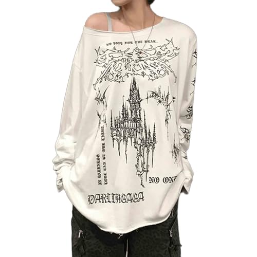 Women's Y2K Retro Printed Slanted Shoulder top, Loose and