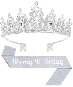 Birthday Tiara and Crown with Sash, Birthday Tiara for Women Party (Silver)