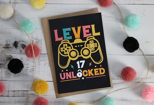 Geburtstagskarte „Level 17 Unlocked“ (mit Umschlag) – Gamer Karte für Teenager Jungen & Mädchen – lustige Gaming Karte zum 17. Geburtstag (DIN A6)