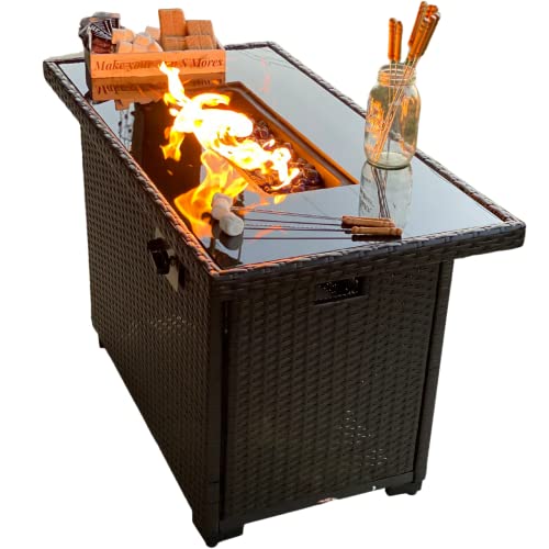 Gorilla-Gadgets-Table-Top-Fire-Pit-44-inch-Brown-Wicker-Outdoor-Patio-Gas-Fire-Pit-Table-with-50000-BTU-Heat-Aluminum-Tabletop-Glass-Wind-Guard-and-Blue-Heating-Rocks
