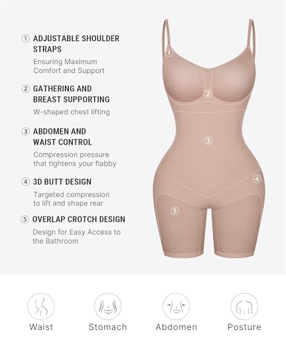 FeelinGirl Seamless Bodysuit Shapewear Hip Enhancer High Waist Body Shaper Full Body Slimming Faja Khaki Beige M/L