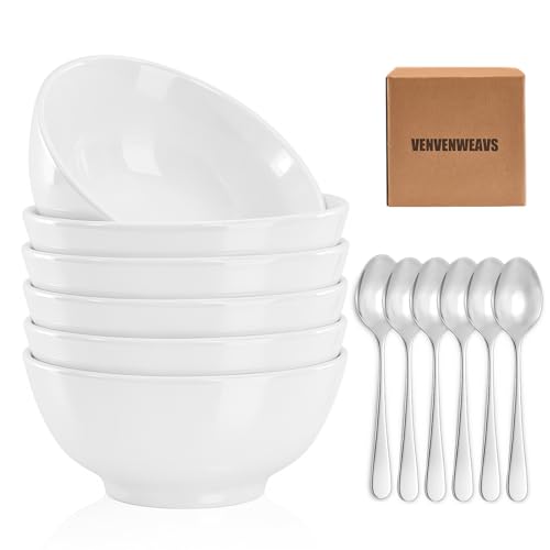 VENVENWEAVS 30 OZ White Thickened Ceramic Bowls Set of 6 Complimentary 6 Spoons Large Reinforced Ceramic Bowls Perfect for Soup Salad Cereal Ramen And More Microwave&Dishwasher Safe
