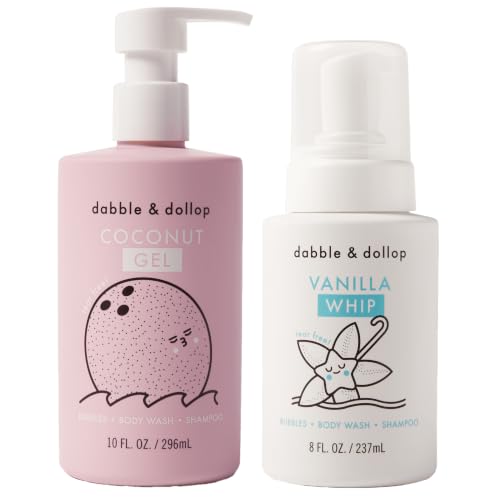 Image of Dabble & Dollop Coconut + Vanilla Kids 3-in-1 Body Wash, Shampoo & Bubble Bath Bundle – Gel + Foam Whip Set, Tear-Free, Gentle, Natural-Origin, Hypoallergenic and Safe for Sensitive Skin (Pack of 2)