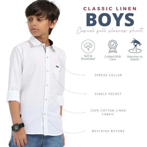 Image of ROCKET SCIENCE Boys Single Pocket Shirt | Regular Fit, Spread Collar, Full Sleeves, 100% Cotton Linen Fabric White