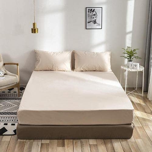 DEALS FOR LESS - 3 Pieces fitted sheet queen size, Plain Beige color, Bedsheet set