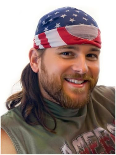 Cariniss Mullet Costume Wig Skull Cap One Size Stars and Stripes (Medium Brown)