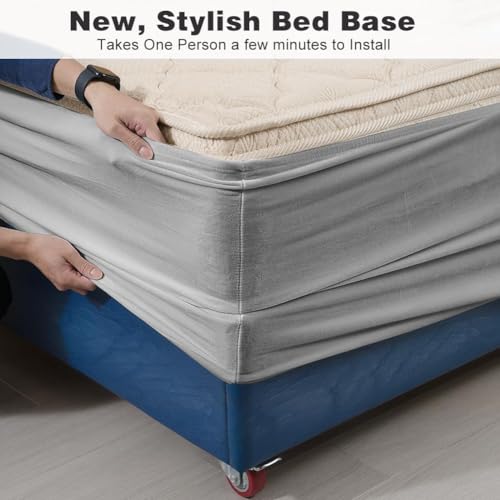DUJUIKE Stretch Samt Boxspring Abdeckung zum Umwickeln, Alternative zum Traditionellen Volant Bettrock, Einfach Anzubringen (Hellgrau, Single Bed Width:90-100cm)