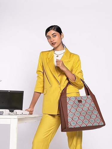 Image of ZOUK Printed Jute Handcrafted Vegan Leather Grey Women's Stylish Tote Bags | Trapezia Tote| Shoulder bag with double handle