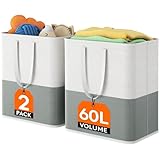 Lifewit 2 x 60L Laundry Hamper, Freestanding Laundry Basket with Handles, Waterproof Tall Collapsible Clothes Hamper for Laundry Dorm Bedroom Bathroom, Dark-Light