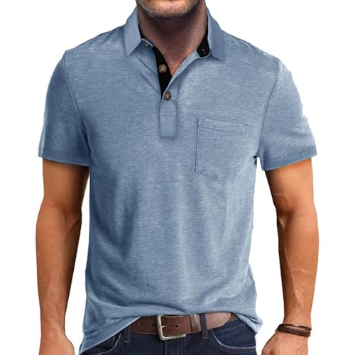 Image of Men's Casual Polo Shirts Classic Button Basic Short Sleeve Shirt Solid Color Cotton Tees Golf Stylish Tops