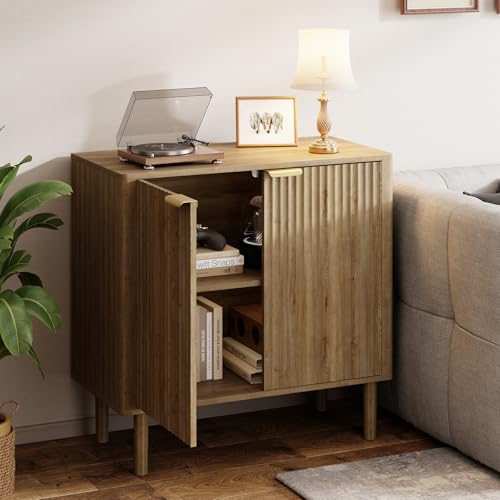 Sideboard Buffet Cabinet with Storage, Modern Fluted Accent Credenza with Doors & Adjustable Shelves, Wood Coffee Bar Console Table for Living Room, Dining Room, Kitchen or Entryway 31.5" Oak - Image 7