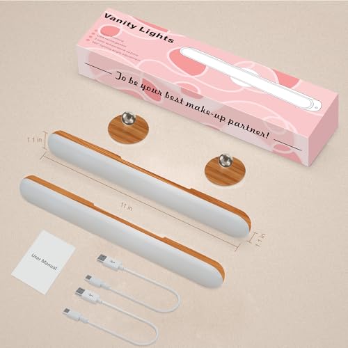 Image of Benreom 2 Pack Vanity Lights for Mirror with 4000mAh Rechargeable Battery, Touch Control Dimmable Makeup Light with 3 Color Modes, Magnetic 360 Adjustable LED Bathroom Mirror Light, Light Wood