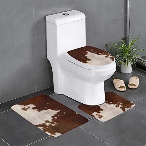 DEPILA Badezimmer 3-teiliges Badezimmerteppich-Set Rotbrauner Rindslederdruck 3-teiliges Badezimmerteppich-Set Badematte + Kontur + Toilettendeckelbezug Badezimmer-Antirutsch-Pad Sets