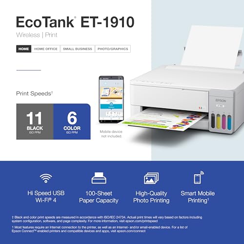 Image of Epson EcoTank ET-1910 Wireless Color Supertank Printer with up to 3 Years of Ink, Refillable Tanks, Perfect for Home, 11 PPM, 100-Sheet Paper Tray - White