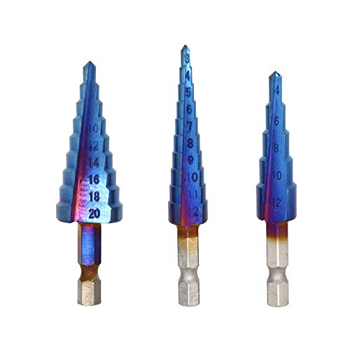 JelBo Step Drill Bit Set, HSS Cone High Speed Steel Metal Straight Groove Hole Cutting Drill Bits Sharpener, 1/4