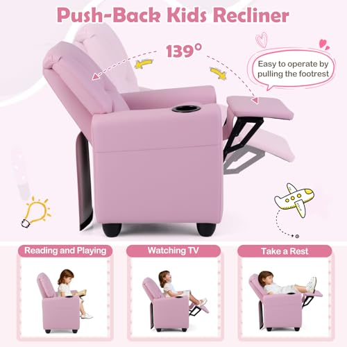 Image of Kids Recliner, Toddler Lounge Chair w /Cup Holder, Wide Armrest, Kids Sofa w /Adjustable Footrest, Comfy Toddler Recliner Chair for for Boys & Girls 3 + (PU, Pink)